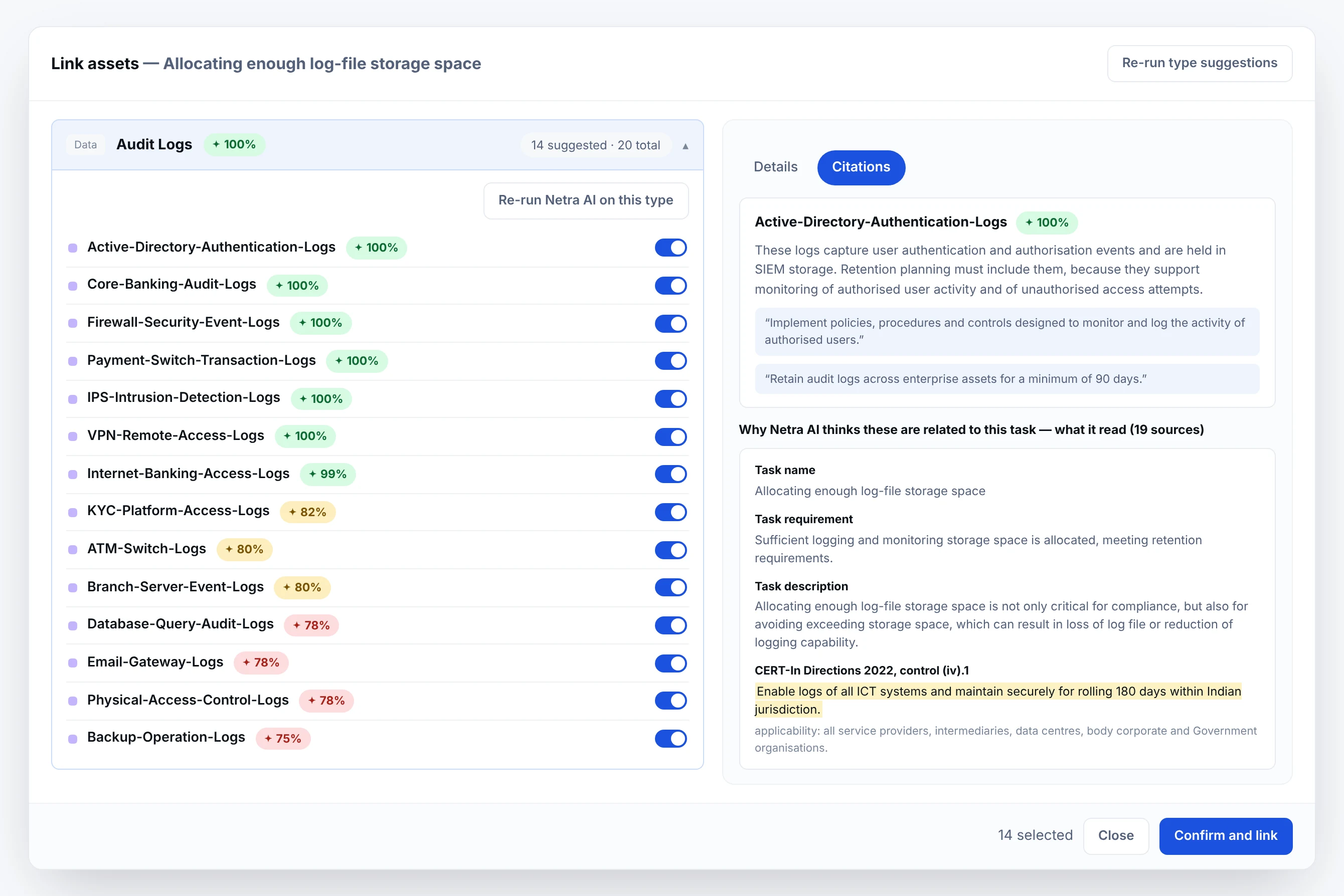The same dialog with the audit logs type expanded: fourteen individual log sources suggested out of twenty, each scored and each with its own toggle, beside a citations panel explaining why the Active Directory authentication logs matter to this task